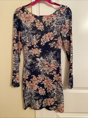 Guess XS floral body-con long-sleeve dress fitted party cocktail night out blue